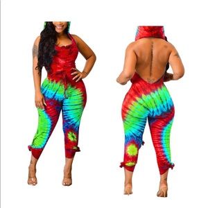 Red Tie Dyed Backless Jumpsuit